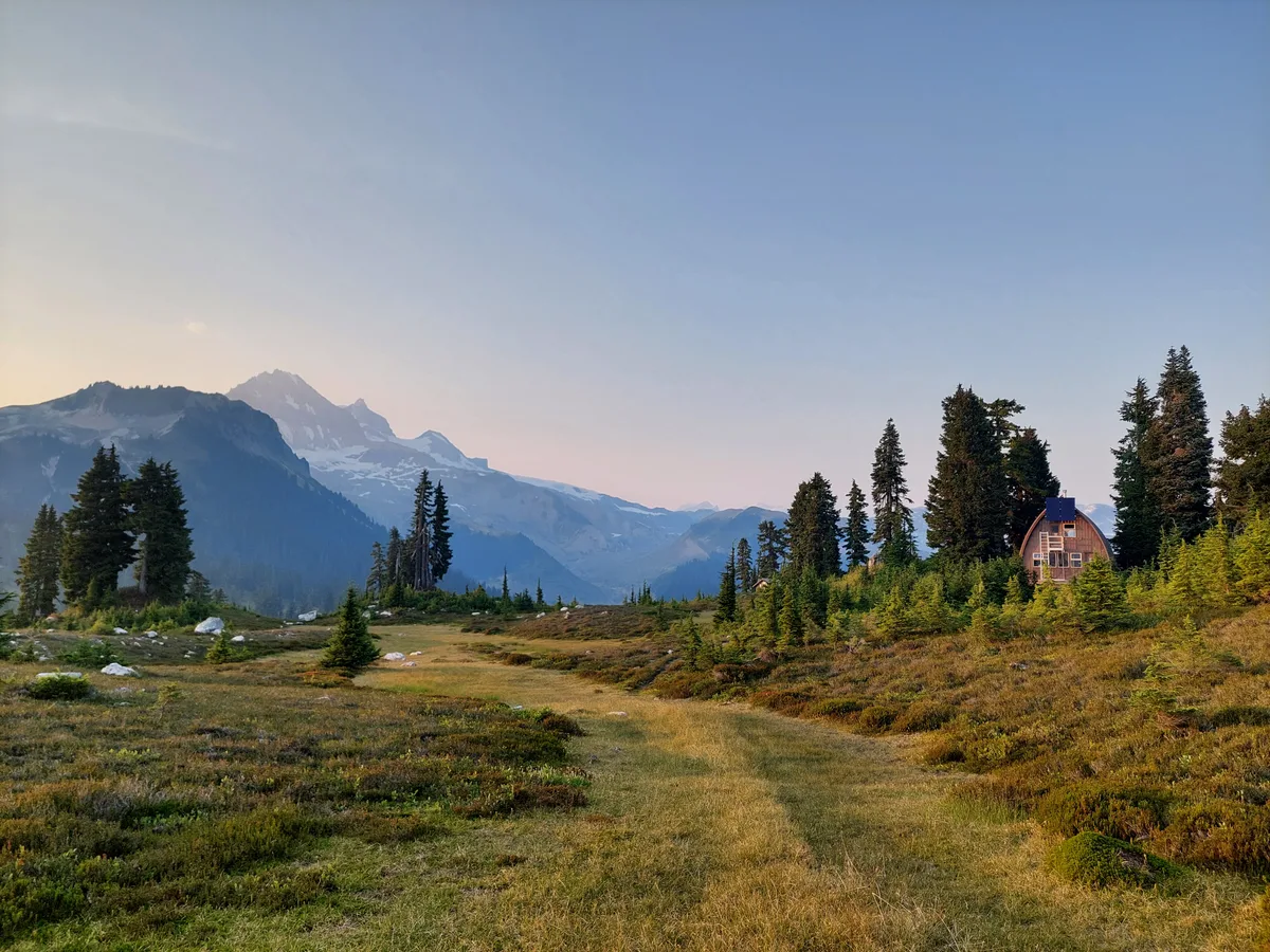 A cabin among evergreens beside an alpine meadow in evening light