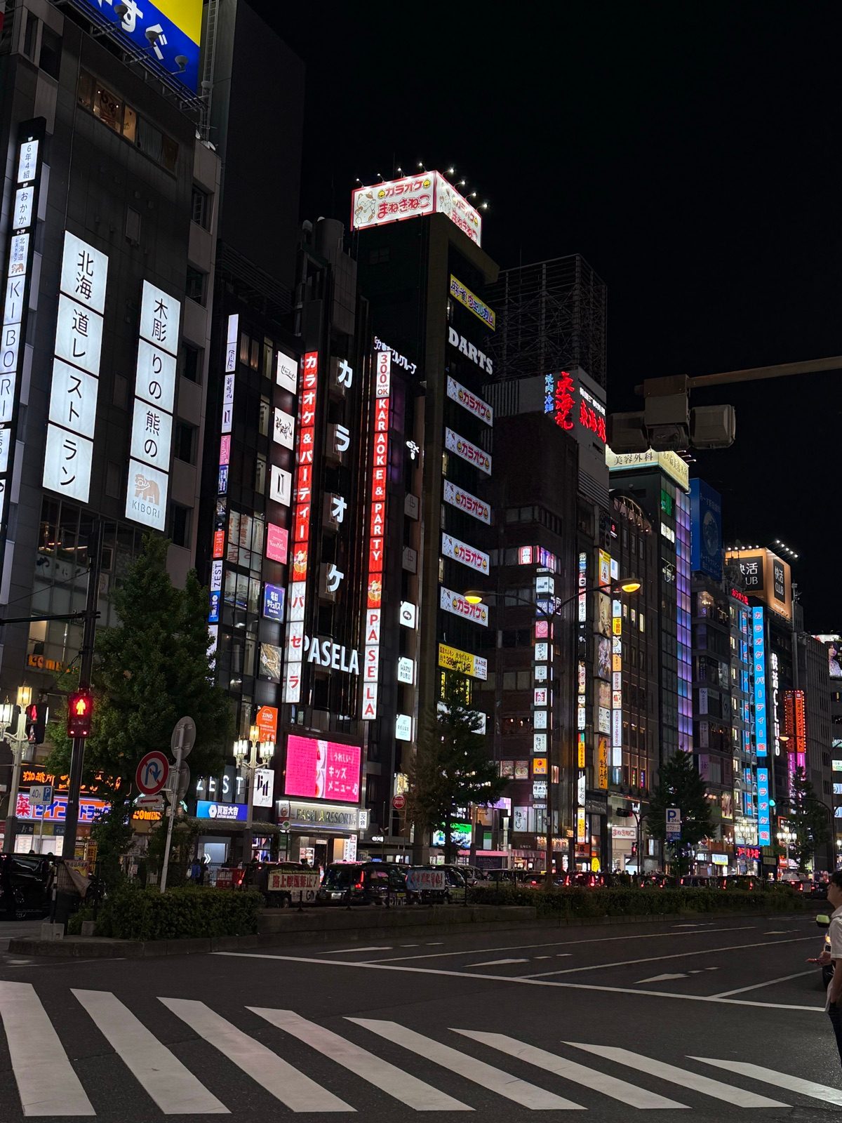 A zebra crossing and a row of illuminated buildings at night