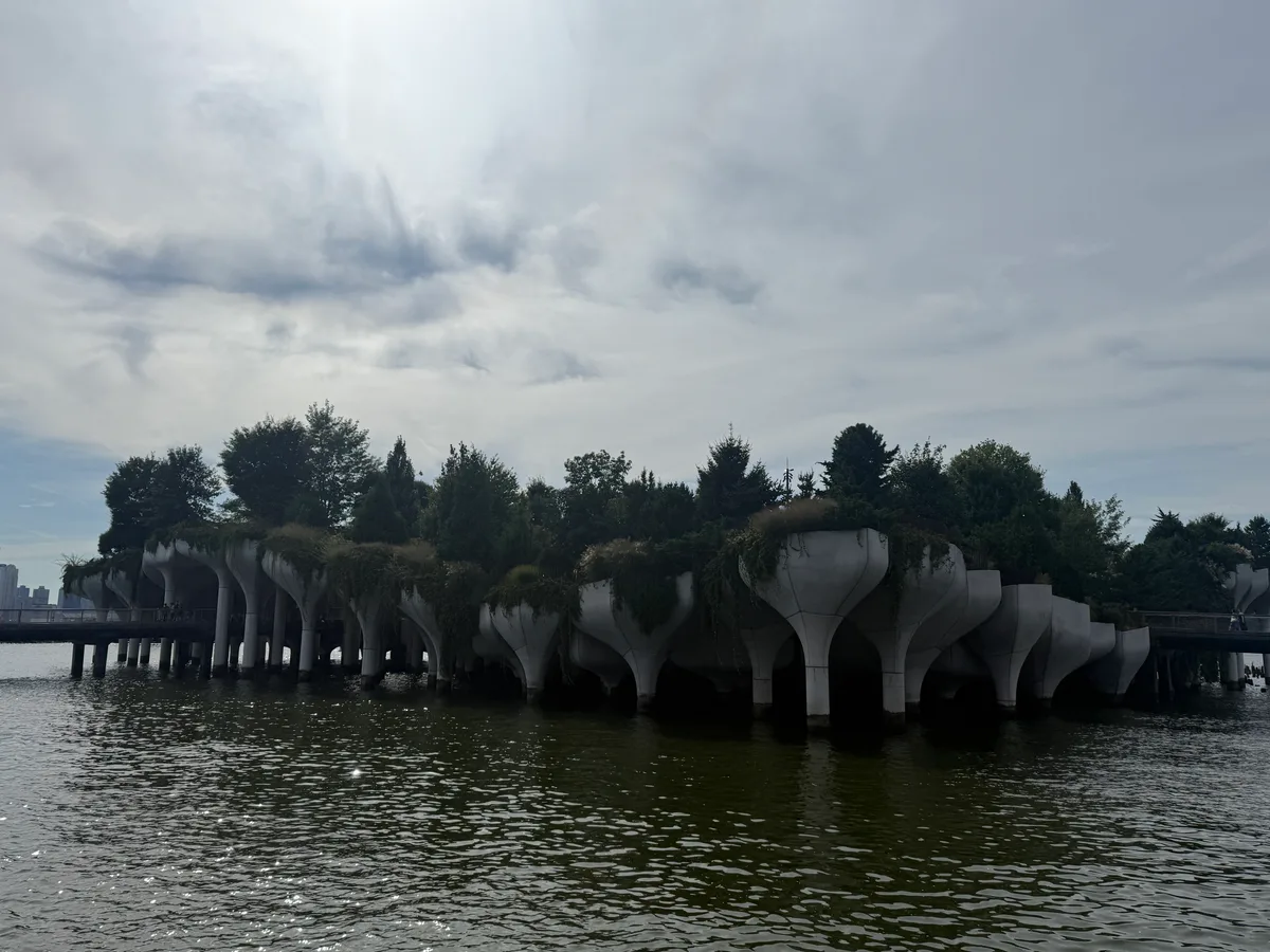 Trees on Little Island above its sculptural concrete supports