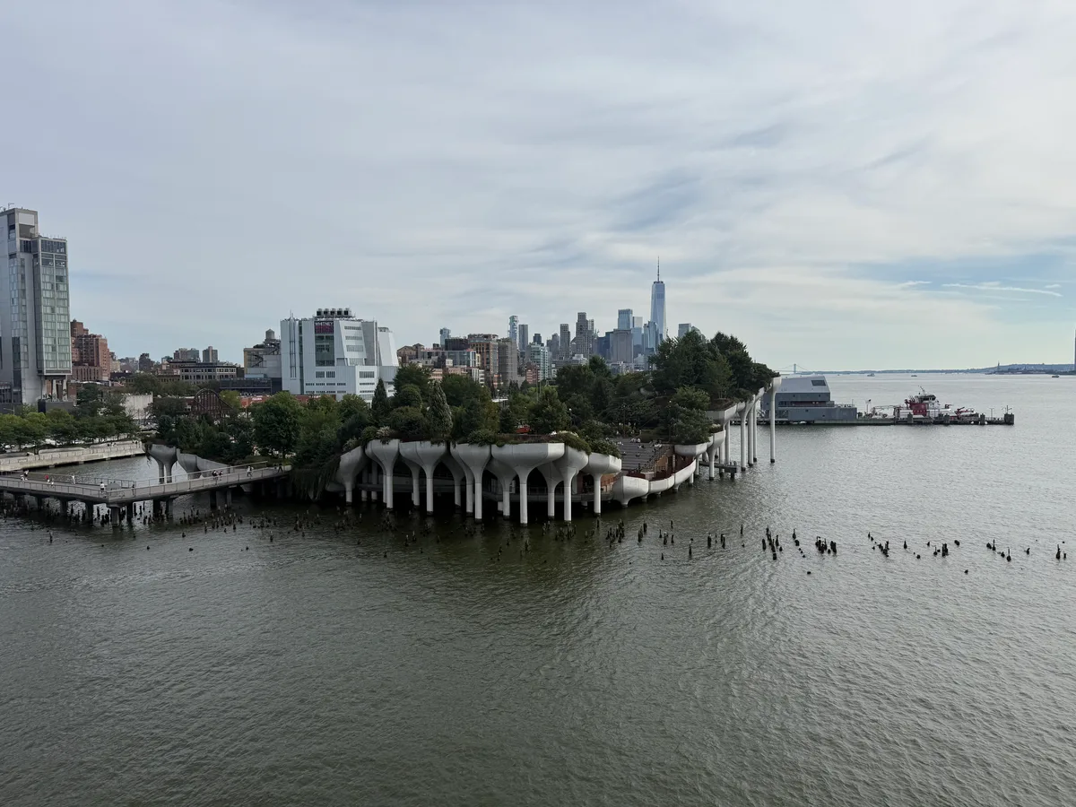 Little Island and surrounding piers viewed from above the river