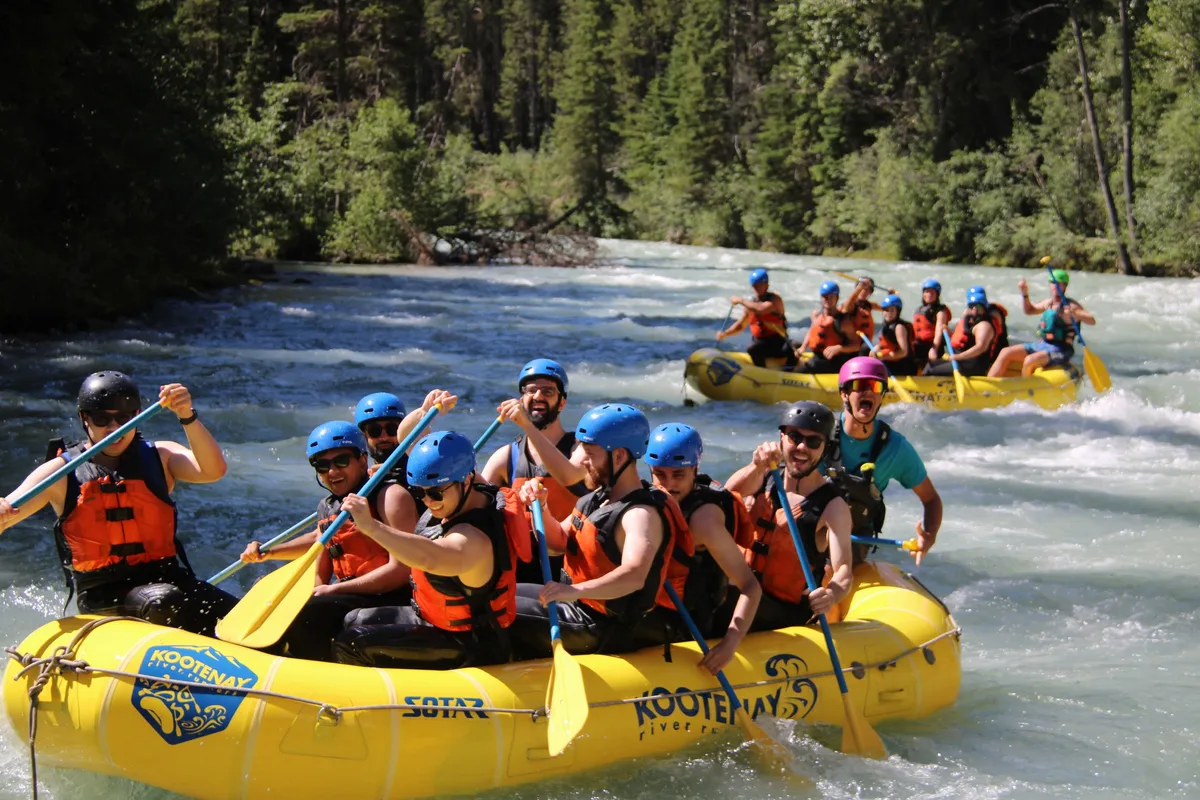 Groups paddling yellow rafts through whitewater